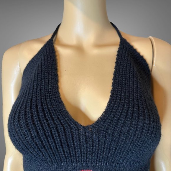 Womens Halter Crop Top Knit Large L Black Red Stretch Backless Mushroom Logo - Picture 9 of 16